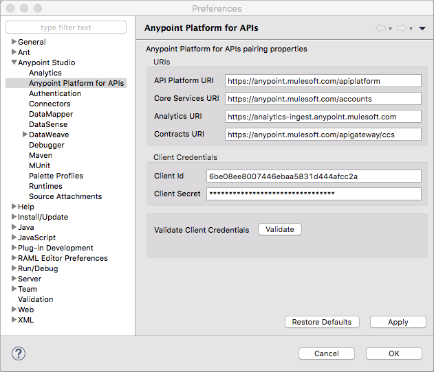 API autodiscovery pairing interface showing connection settings between API and runtime
