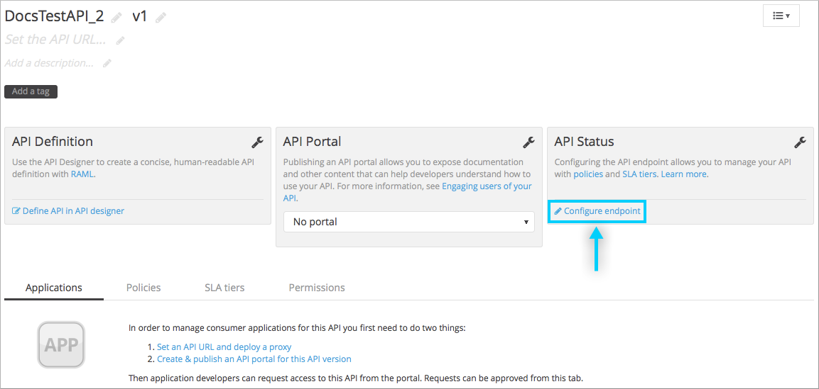 API configuration page showing Configure endpoint option under API Status