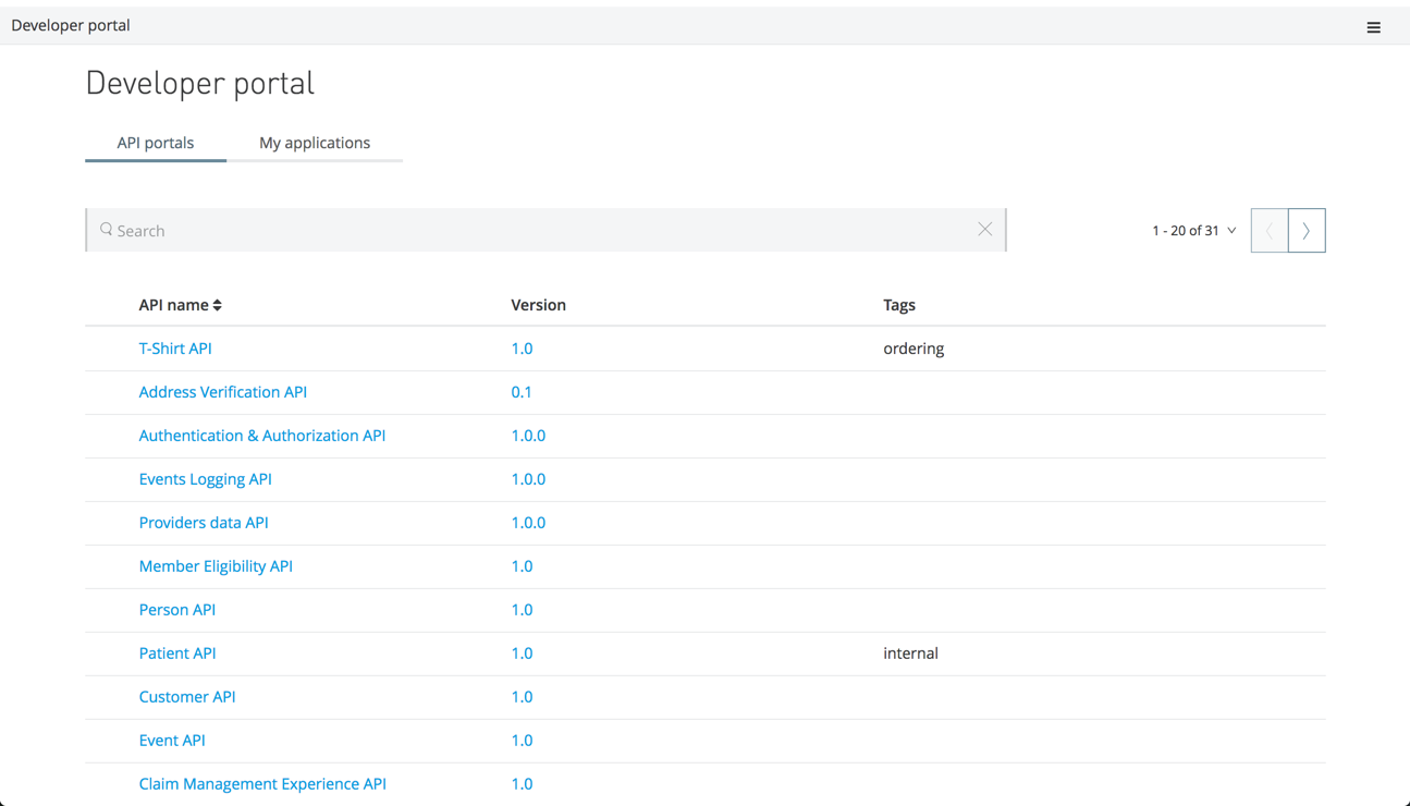 Developer portals list with API categories and search field
