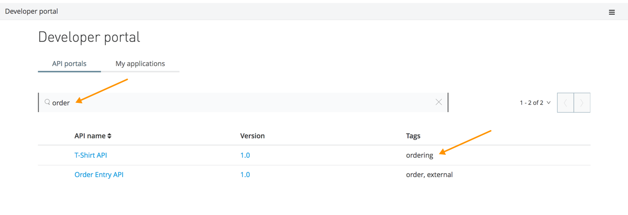 Portal search interface with tag filter dropdown and results list