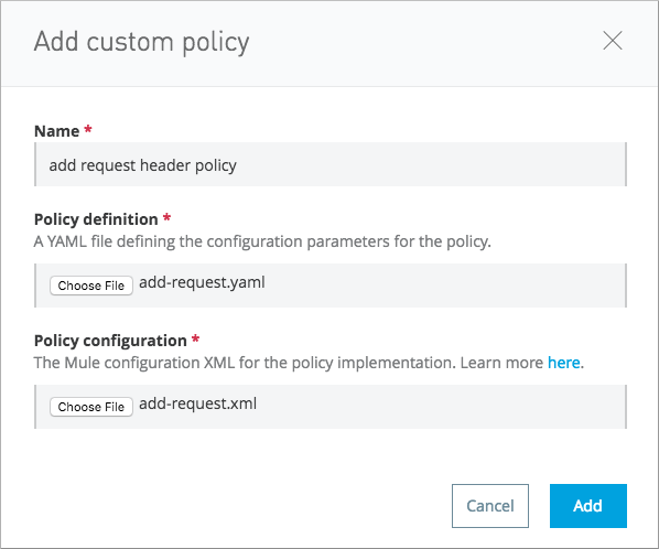 Custom policy configuration interface showing header modification options