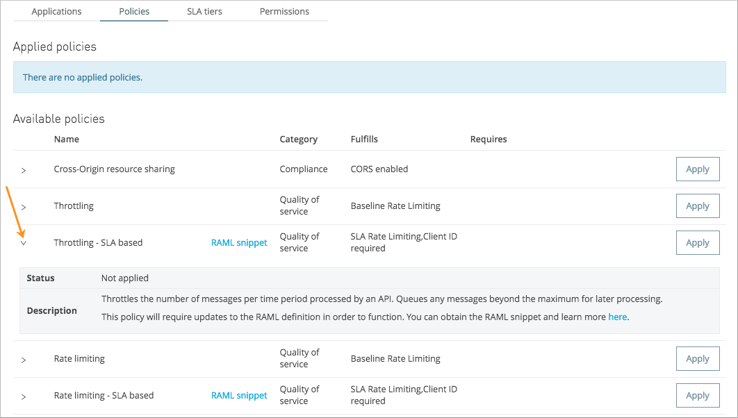 Policy management interface showing available policies with descriptions and configuration options
